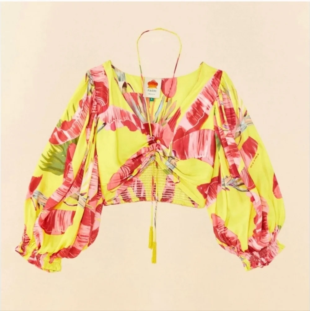 Farm Rio, Sweet Jungle Lime Crop‎ Top, Lime Yellow/Red/Pink, Size XS - Picture 5 of 16